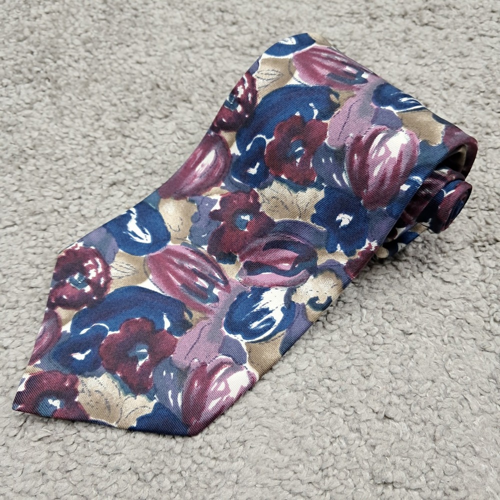Van Heusen 417 Mens Silk Tie‎ Purple Blue Floral Abstract Made in USA RN 59495